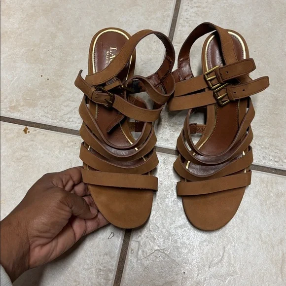 Lauren Ralph Lauren Aleigh Sandal Wedge Brown Open Toe Strappy 8.5b - Picture 2 of 6